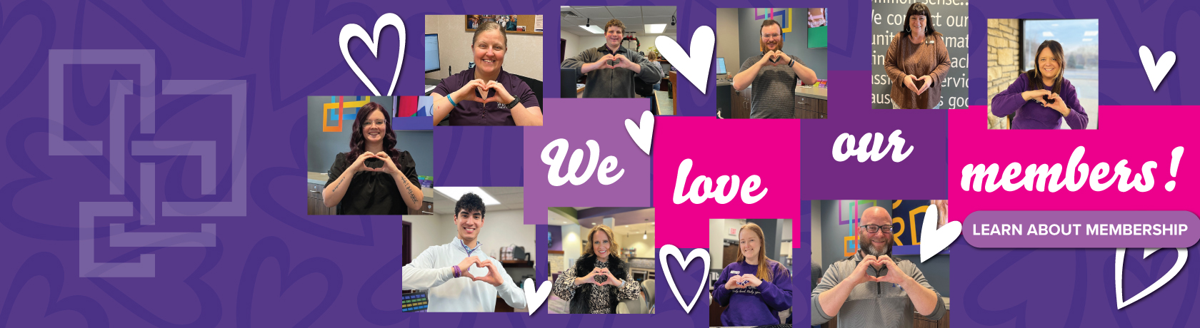We love our Members! pictures of team members making heart hands.